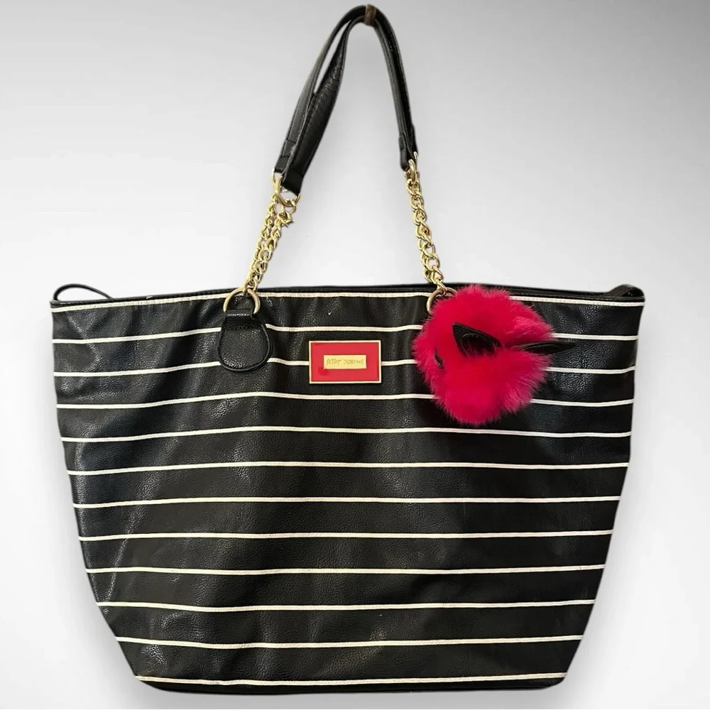 BETSEY JOHNSON Large Vegan Leather Black‎ and White Stripes Satchel Tote | EUC